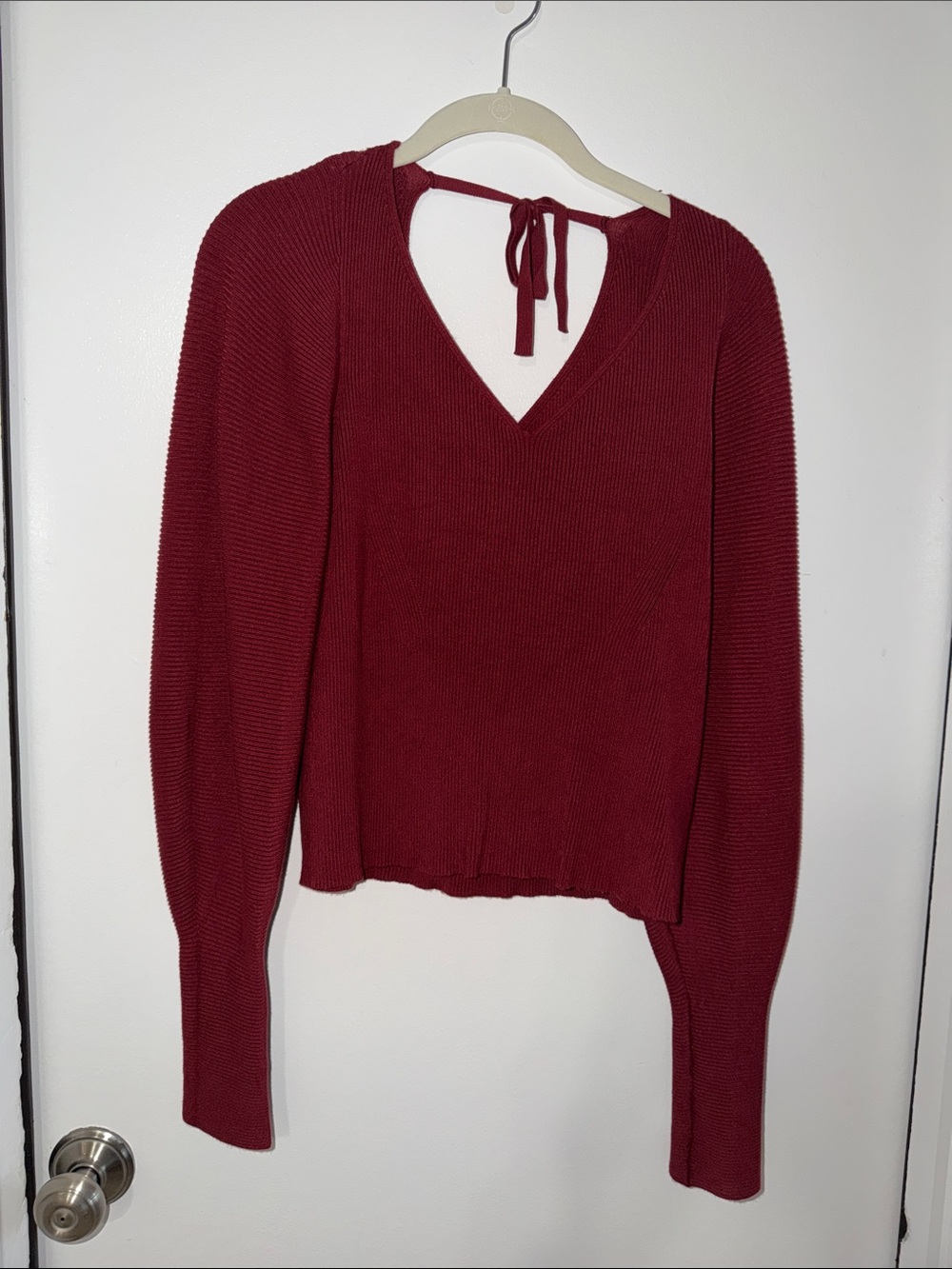 Tie-Back V-Neck Sweater in Deep Wine
